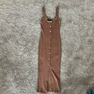 Lulus Look of Leisure Tan Ribbed Button-Front Midi Dress